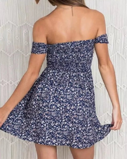 Letnia sukienka mini z odkrytymi ramionami w kwieciste wzory