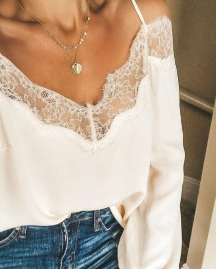 Damska koszulka z długim rękawem z odkrytymi ramionami i koronką