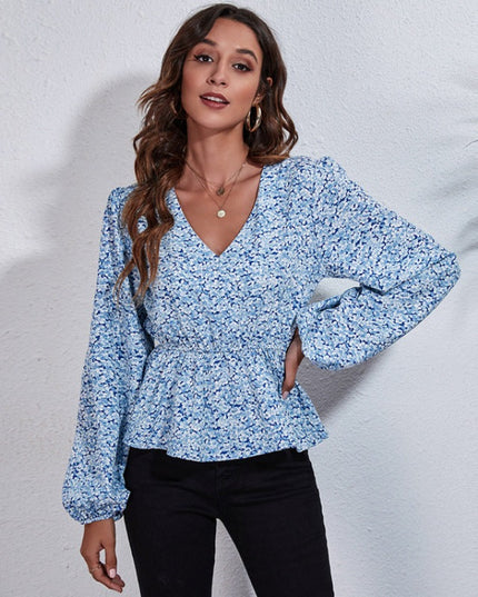 Damska koszulka z długim rękawem we wzory z falbanką