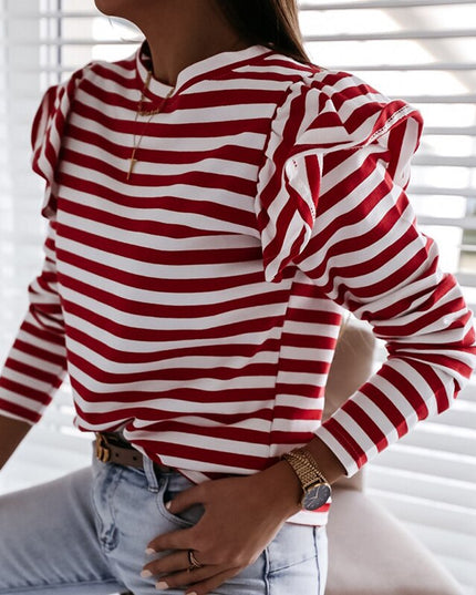 Damska koszulka z długim rękawem w paski z falbankami na rękawach