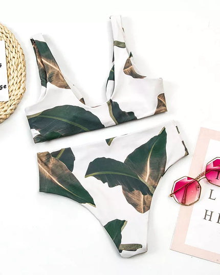 Damski dwuczęściowy strój kąpielowy bikini z motywem liści palmy