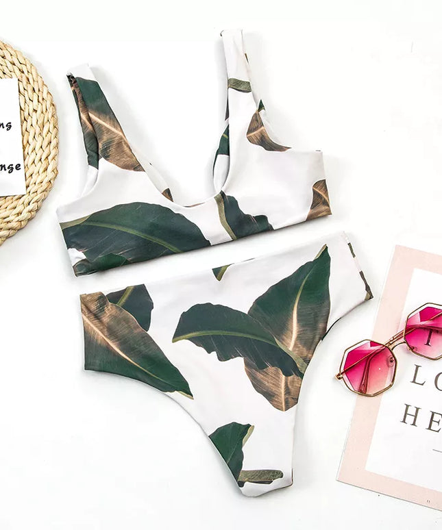 Damski dwuczęściowy strój kąpielowy bikini z motywem liści palmy