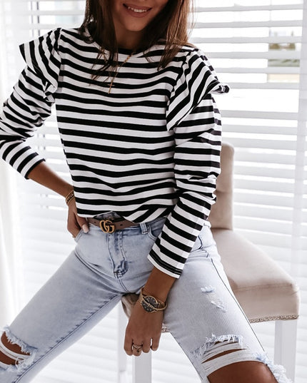 Damska koszulka z długim rękawem w paski z falbankami na rękawach