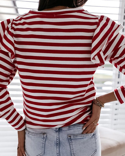 Damska koszulka z długim rękawem w paski z falbankami na rękawach