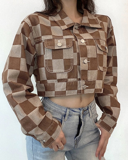 Damska kurtka jeansowa oversize w kratę