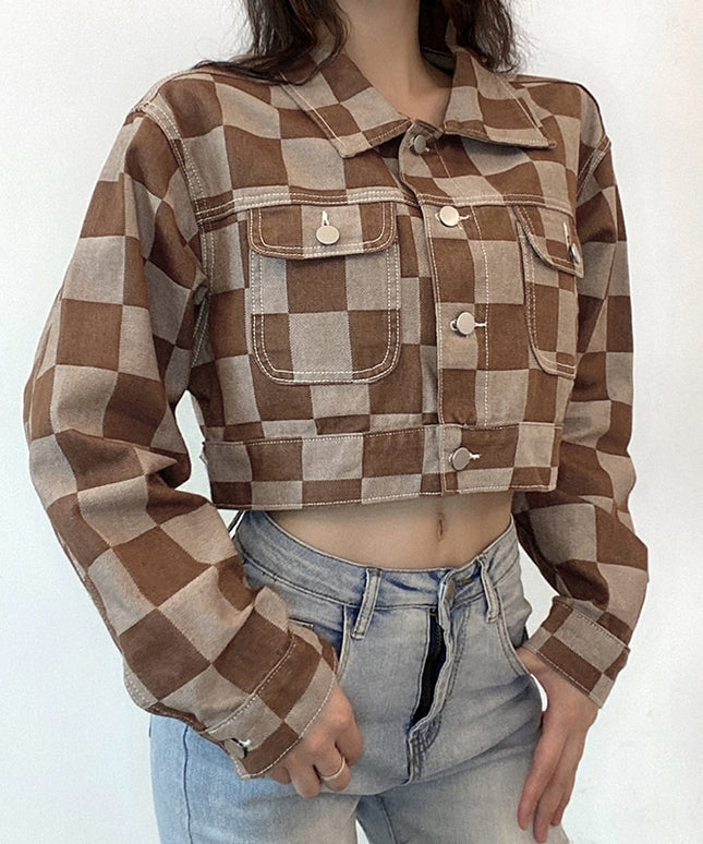 Damska kurtka jeansowa oversize w kratę