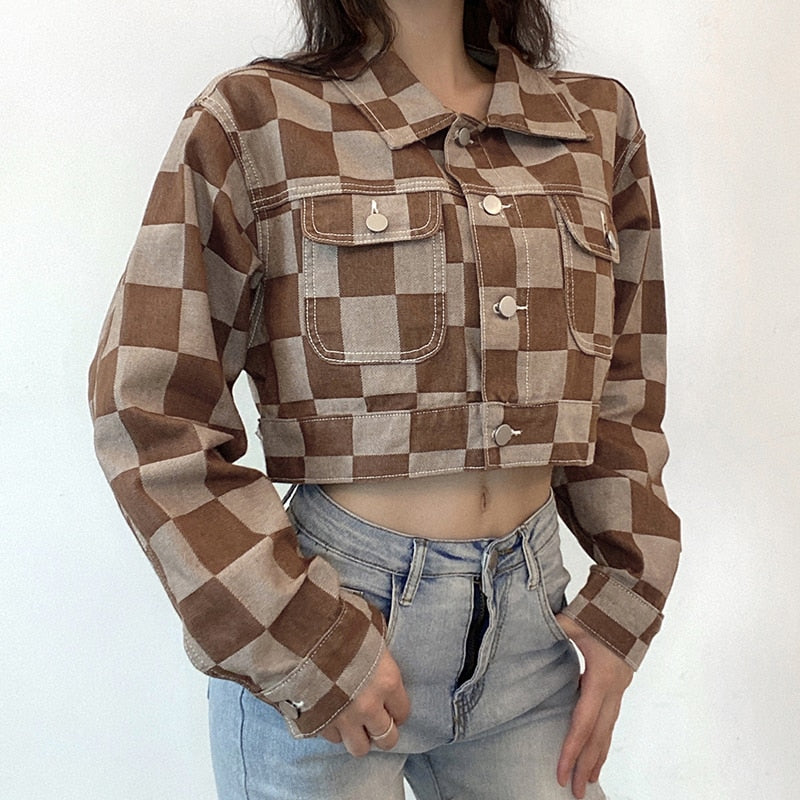 Damska kurtka jeansowa oversize w kratę