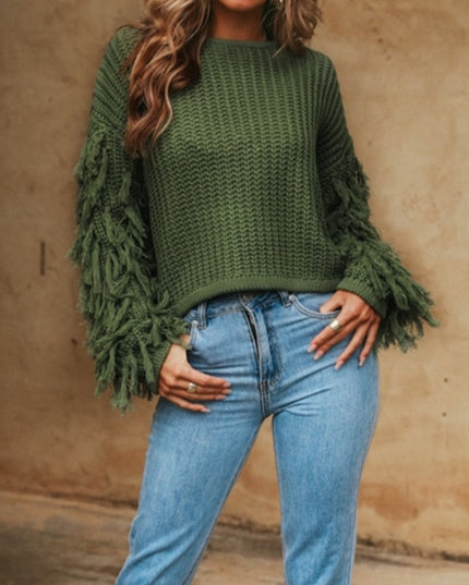 Damski sweter dziergany z frędzlami oversize