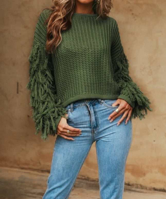 Damski sweter dziergany z frędzlami oversize