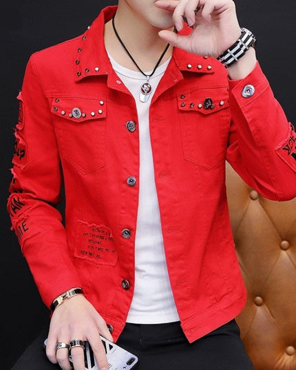 Męska kurtka jeansowa z ćwiekami i napisami