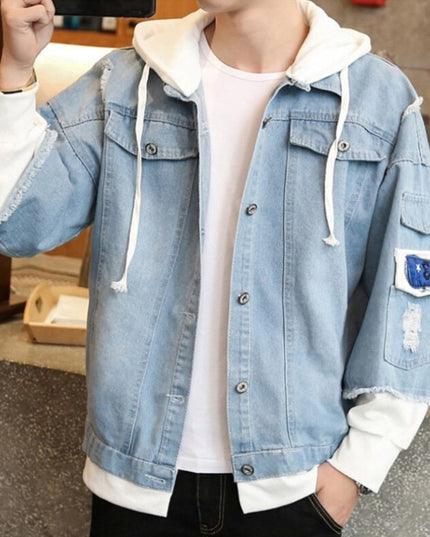 Męska kurtka jeansowa patchworkowa z kapturem i naszywkami