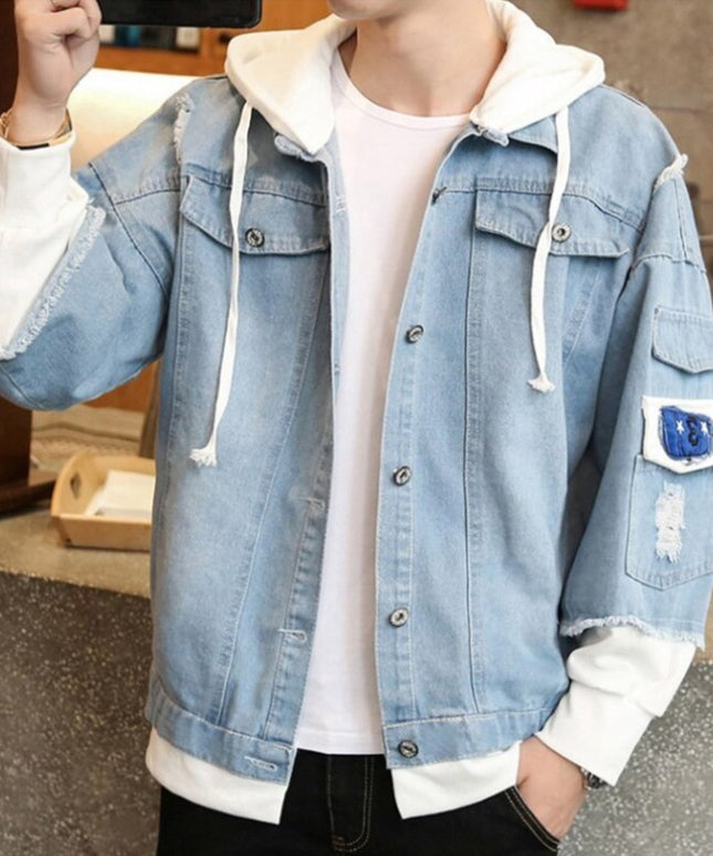 Męska kurtka jeansowa patchworkowa z kapturem i naszywkami