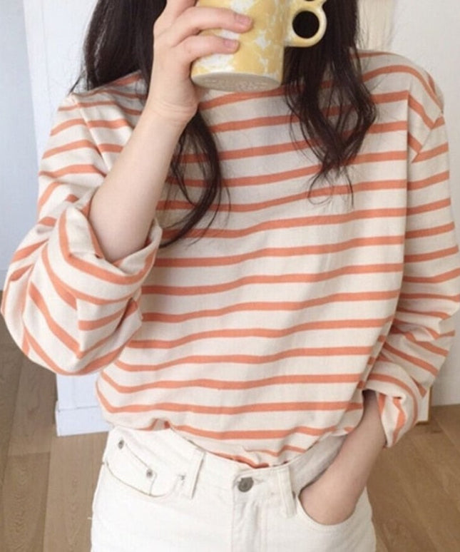 Damska koszulka oversize z długim rękawem w paski