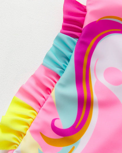 Jednoczęściowy strój kąpielowy dla dziewczynki z jednorożcem z falbankami