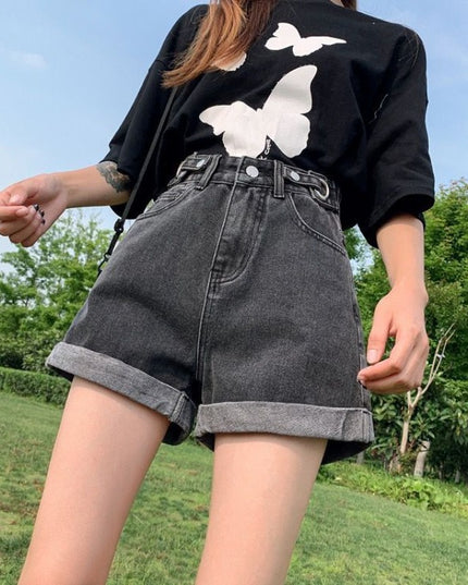 Damskie szorty mom jeans z wysokim stanem z podwiniętymi nogawkami