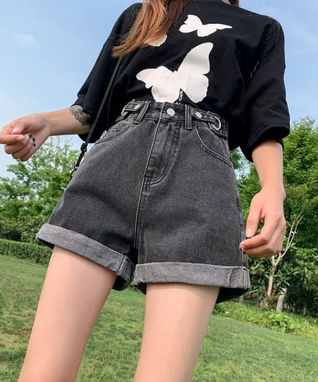 Damskie szorty mom jeans z wysokim stanem z podwiniętymi nogawkami