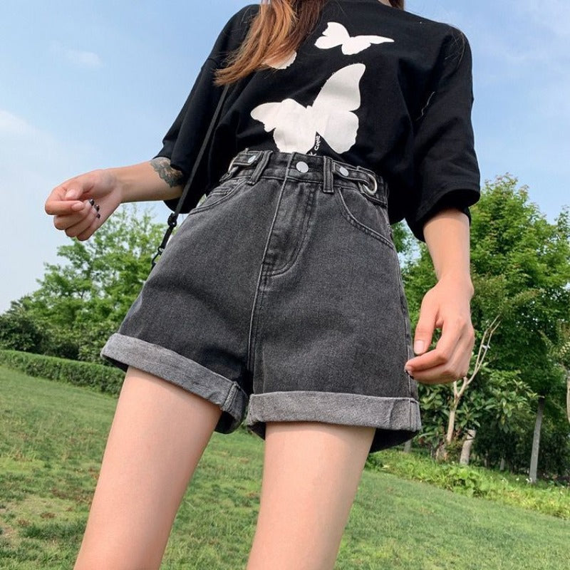Damskie szorty mom jeans z wysokim stanem z podwiniętymi nogawkami