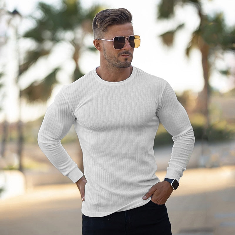 Męski sweter z prążkowanej dzianiny z dekoltem w łódkę