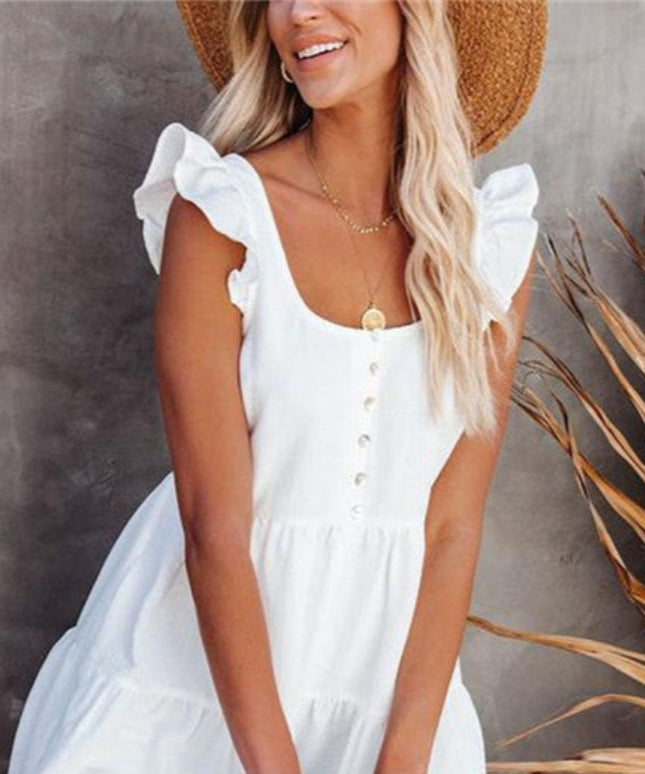 Sukienka mini zwiewna na ramiączkach zapinana na guziki