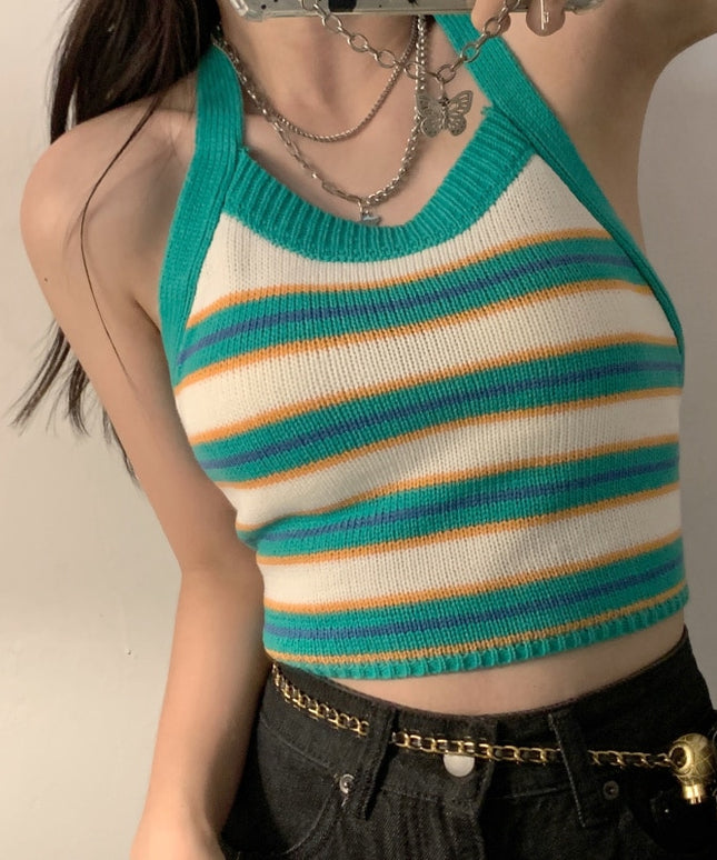 Damski crop top dzianinowy z odkrytymi plecami i wiązaniem