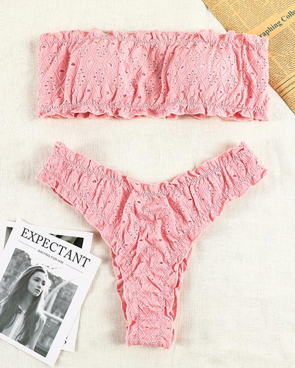 Damski dwuczęściowy strój kąpielowy bikini ażurowy z falbankami