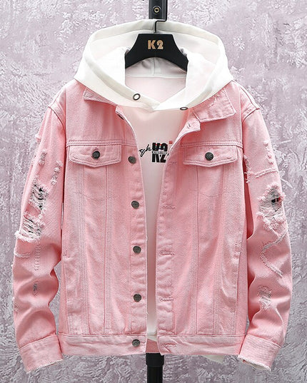 Męska kurtka jeansowa z przetarciami i dziurami