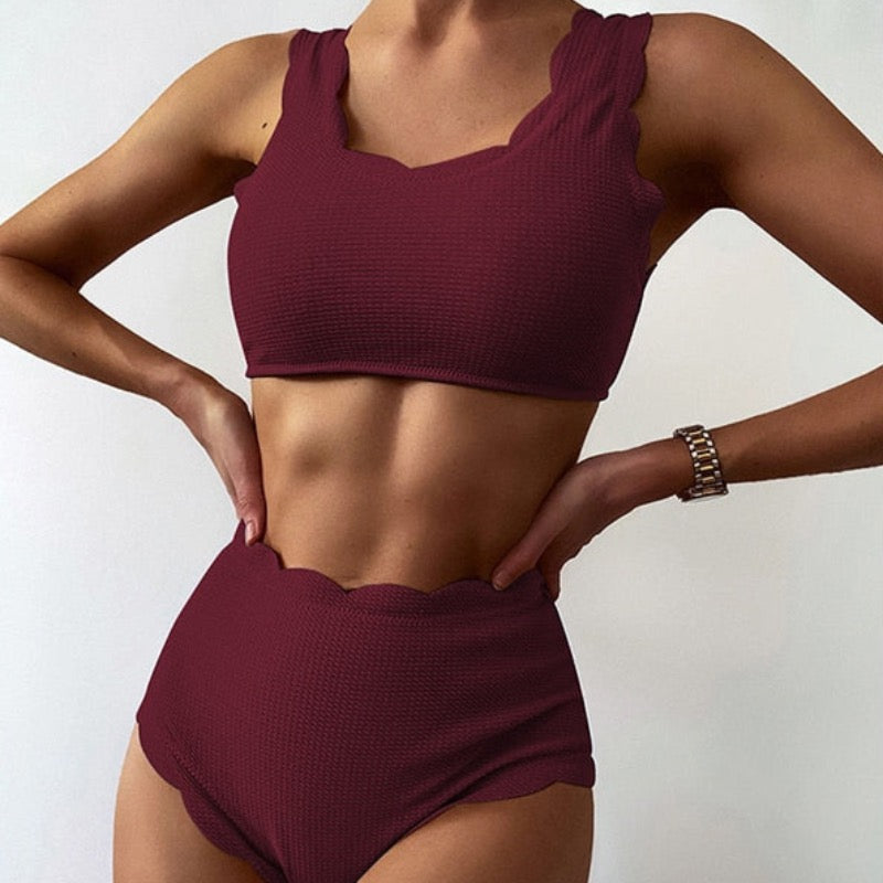 Damski dwuczęściowy strój kąpielowy bikini z wysokim stanem i falowanym wykończeniem