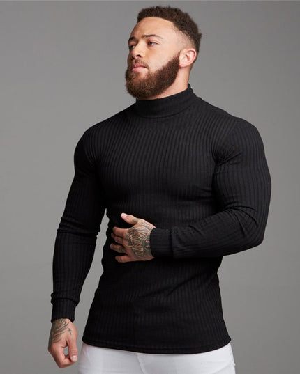 Męski sweter prążkowany typu golf o dopasowanym kroju
