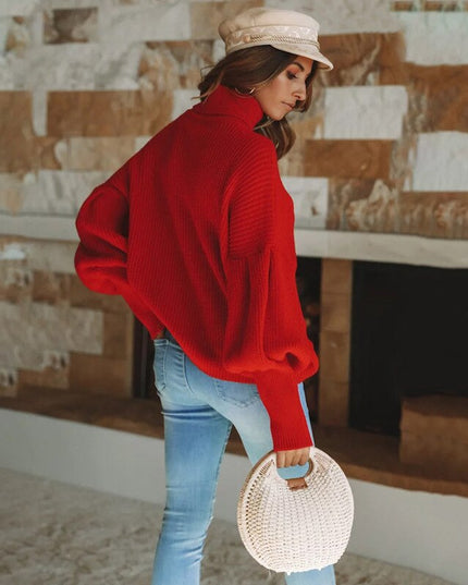 Damski sweter z golfem oversize z bufiastymi rękawami