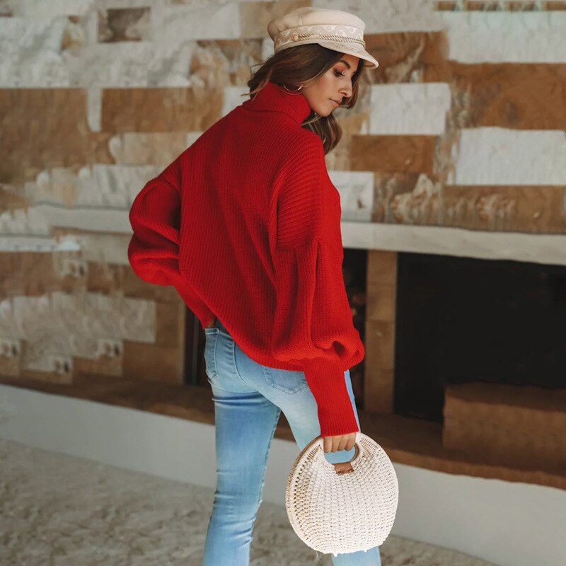 Damski sweter z golfem oversize z bufiastymi rękawami