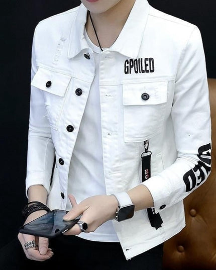 Męska kurtka jeansowa dopasowana z napisami