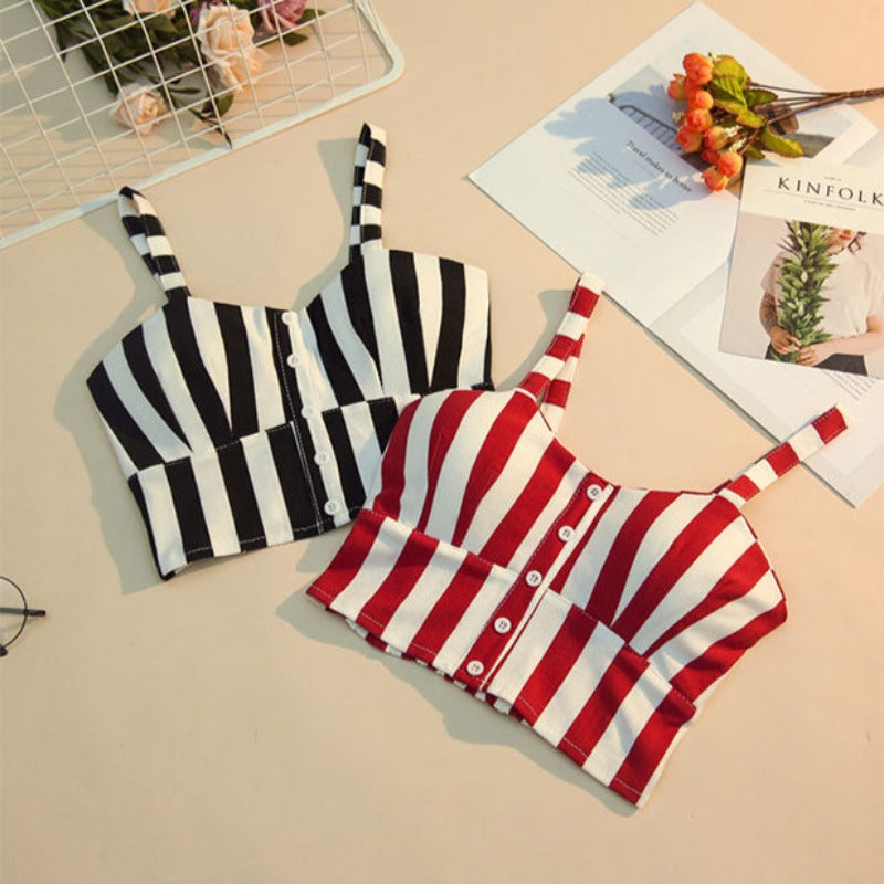 Damski crop top w paski z guziczkami