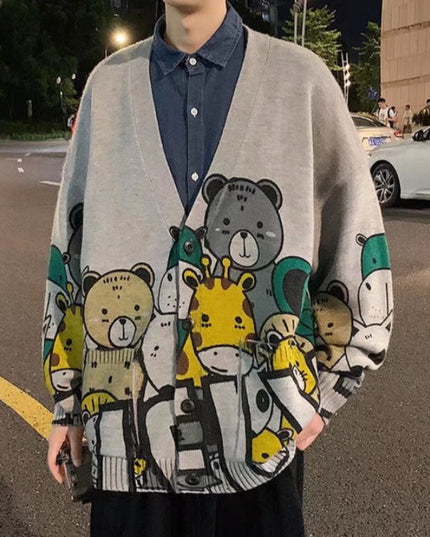 Męski sweter typu kardigan z nadrukiem zwierząt