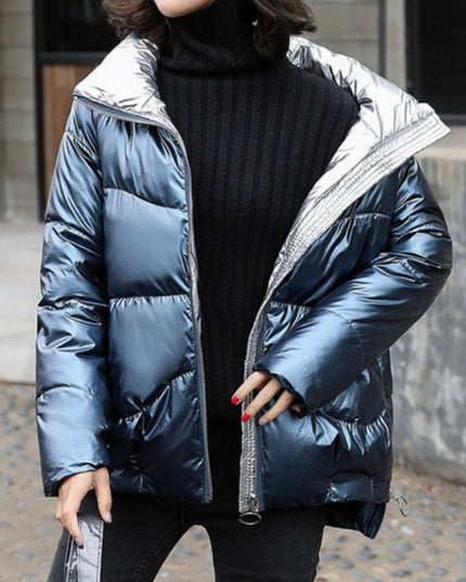 Damska kurtka zimowa z błyszczącej tkaniny