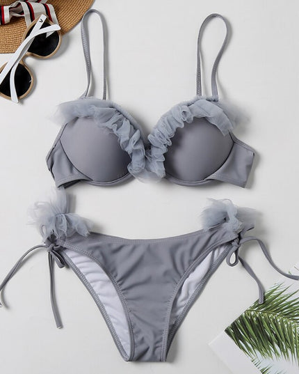 Damski dwuczęściowy strój kąpielowy bikini z tiulową falbanką i wiązaniem