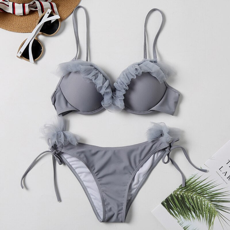 Damski dwuczęściowy strój kąpielowy bikini z tiulową falbanką i wiązaniem