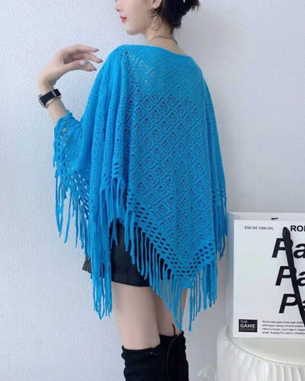 Damski sweter dziergany ażurowy typu ponczo