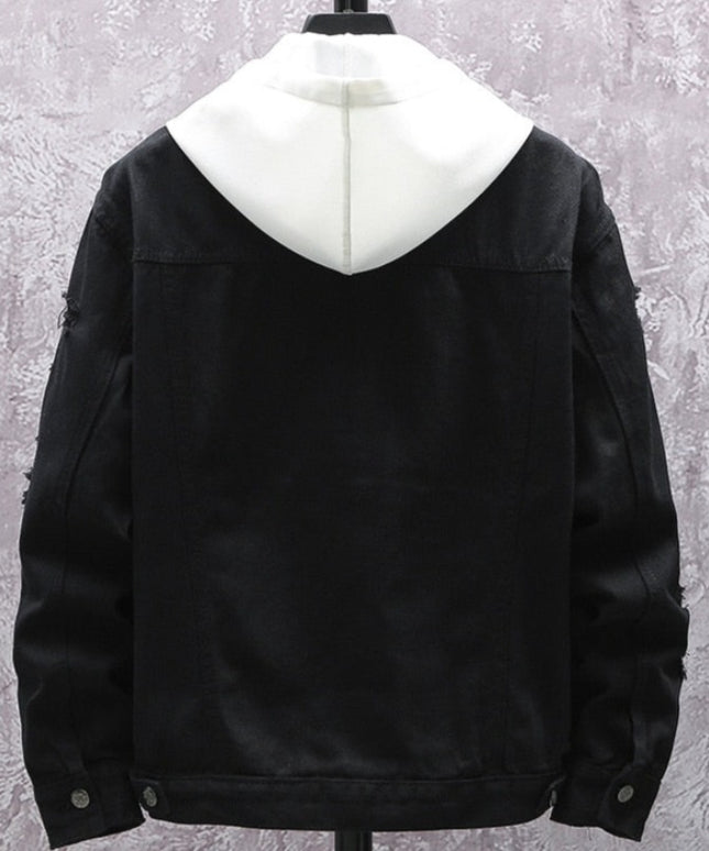 Męska kurtka jeansowa z przetarciami i dziurami