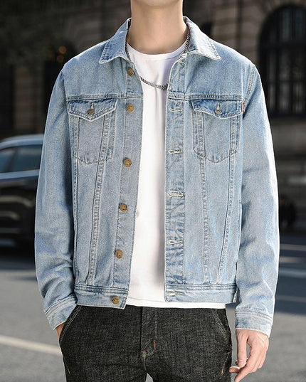 Męska kurtka jeansowa o prostym kroju z przeszyciami