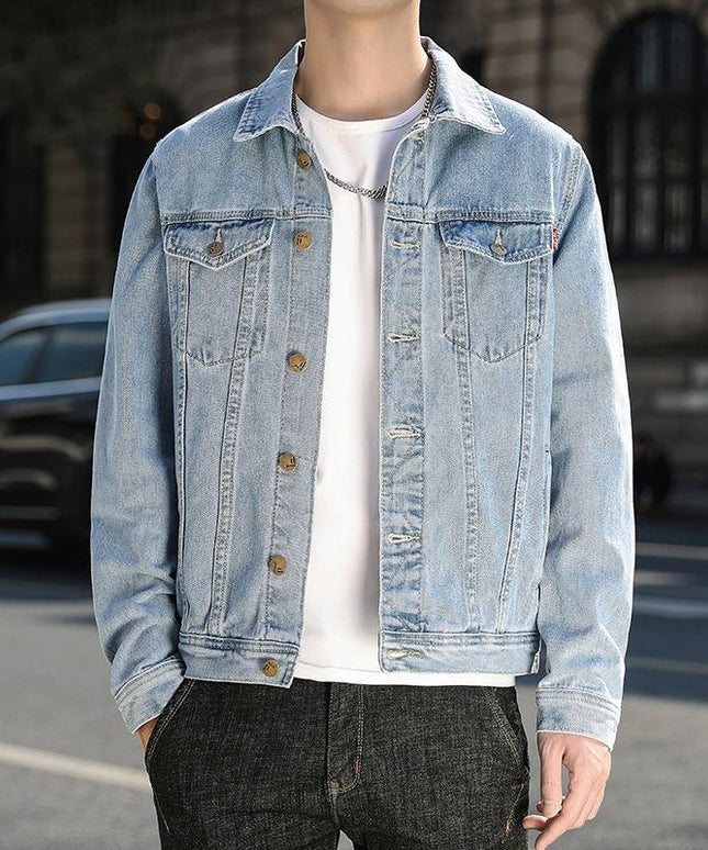 Męska kurtka jeansowa o prostym kroju z przeszyciami