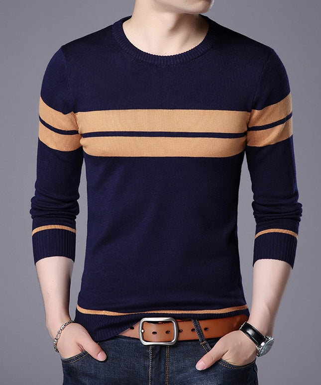 Męski sweter z dekoltem w łódkę w poprzeczne pasy
