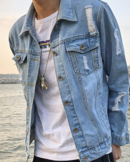 Męska kurtka jeansowa klasyczna z przetarciami