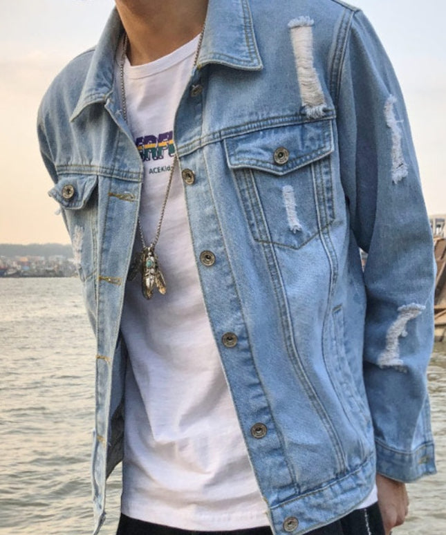 Męska kurtka jeansowa klasyczna z przetarciami