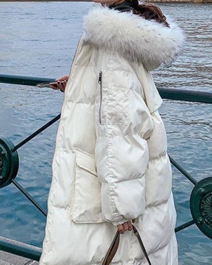 Damska kurtka zimowa ocieplana z kapturem długości przed kolano