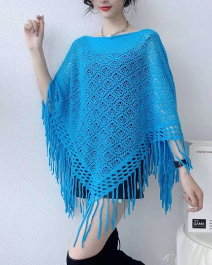 Damski sweter dziergany ażurowy typu ponczo