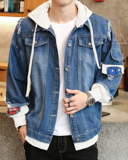 Męska kurtka jeansowa patchworkowa z kapturem i naszywkami