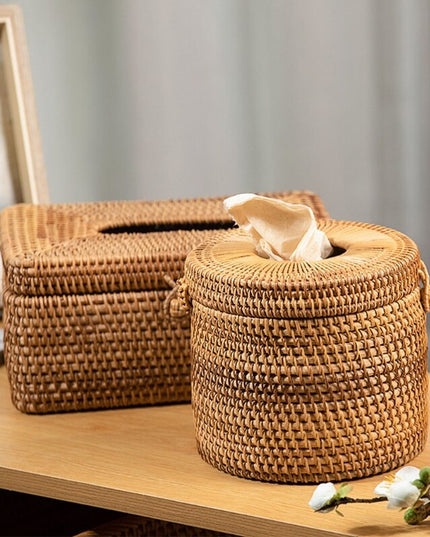 Pudełko na chusteczki okrągłe rattanowe z pokrywą