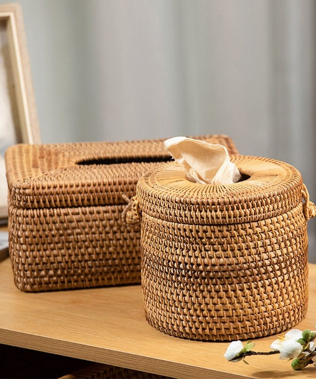 Pudełko na chusteczki okrągłe rattanowe z pokrywą