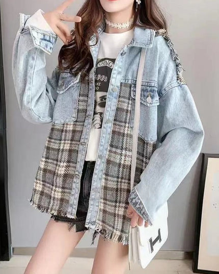 Damska kurtka jeansowa oversize z wstawkami w kratę