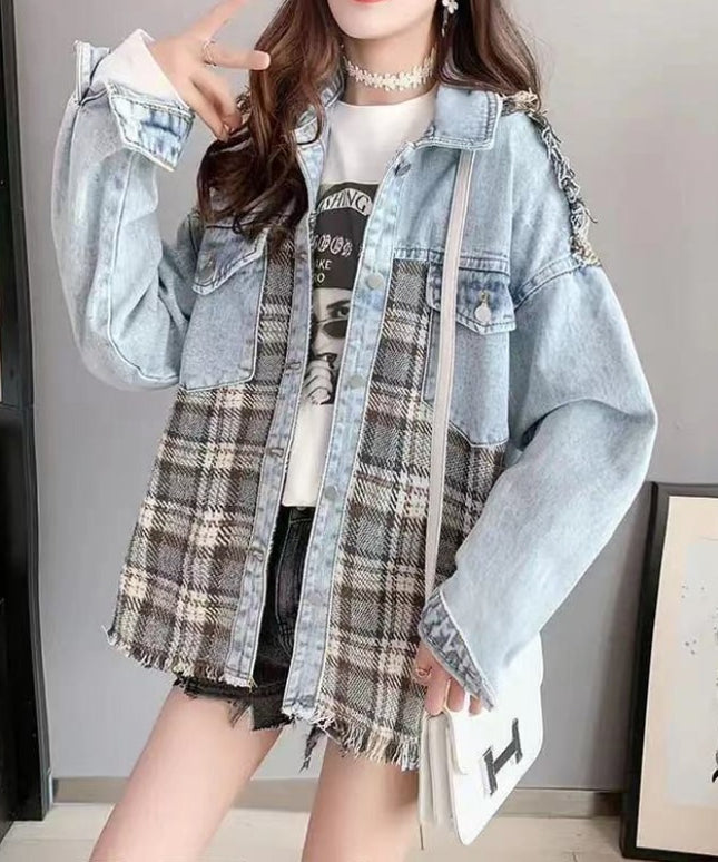 Damska kurtka jeansowa oversize z wstawkami w kratę